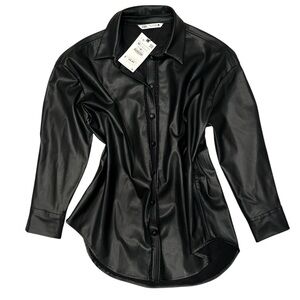 Zara Women's Faux-Leather Black Casual Button-Down Shirt